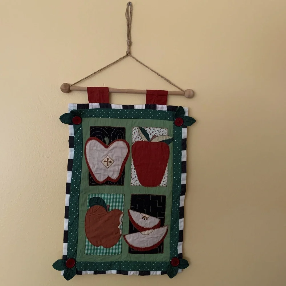 Quilted Wall Hanging with Apples Appliqués and patterned fabric - Vintage